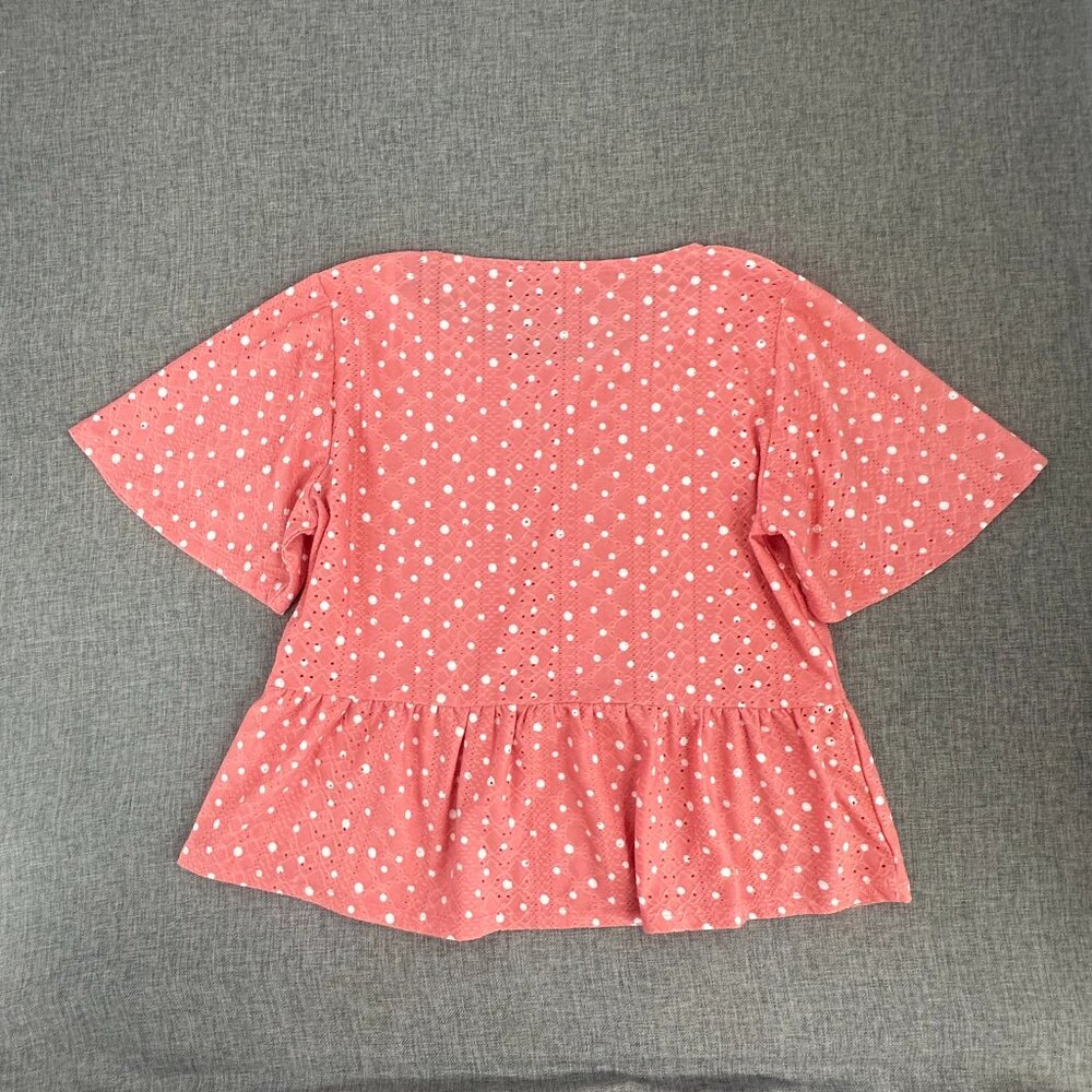 Belle By Belldini Peplum Top Polka Dots Peachy Pink Round Neck Wide Short Sleeve - Picture 7 of 8